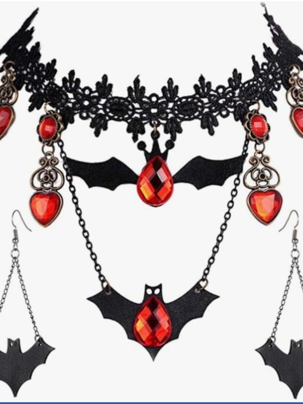 GOTHIC HEART TEARDROP EMBLISHED RED BAT CHOCKER NECKLACE & EARRINGS